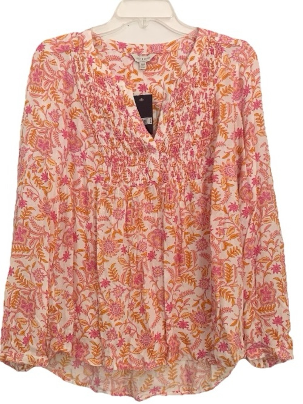 Lucky Brand Blouse Peasant Top Boho Pink Long Sleeve Sz Medium Smocked NEW!